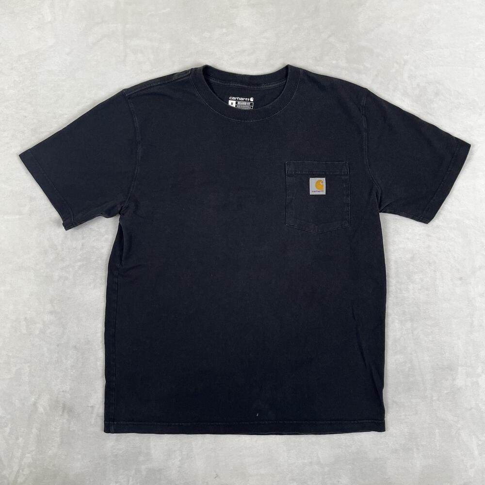 Carhartt T-Shirt Mens M Black Relaxed Fit Pocket Workwear Logo Sun Faded